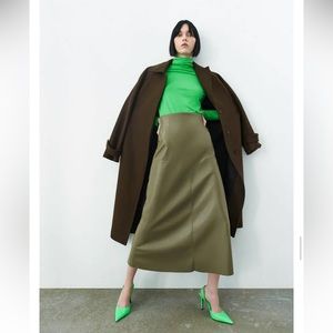 Zara Olive Green Faux Leather Midi Skirt size small